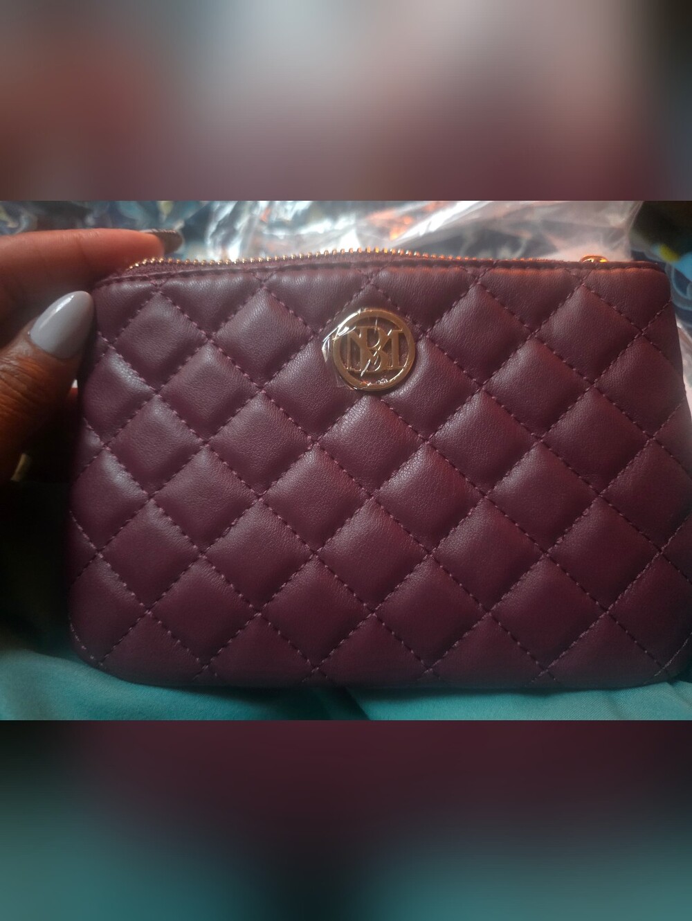 Quilted Burgundy Women's Zip Wristlet - Gold Accent